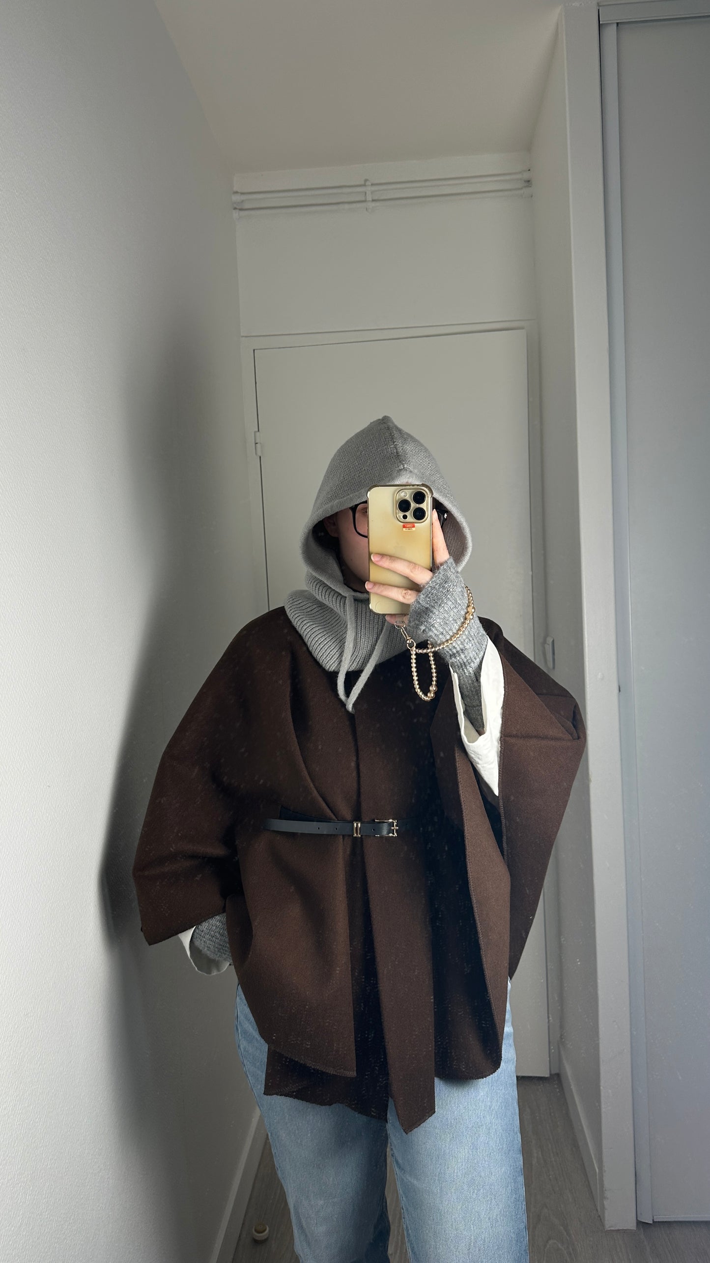 Cape poncho ceinturé Marron