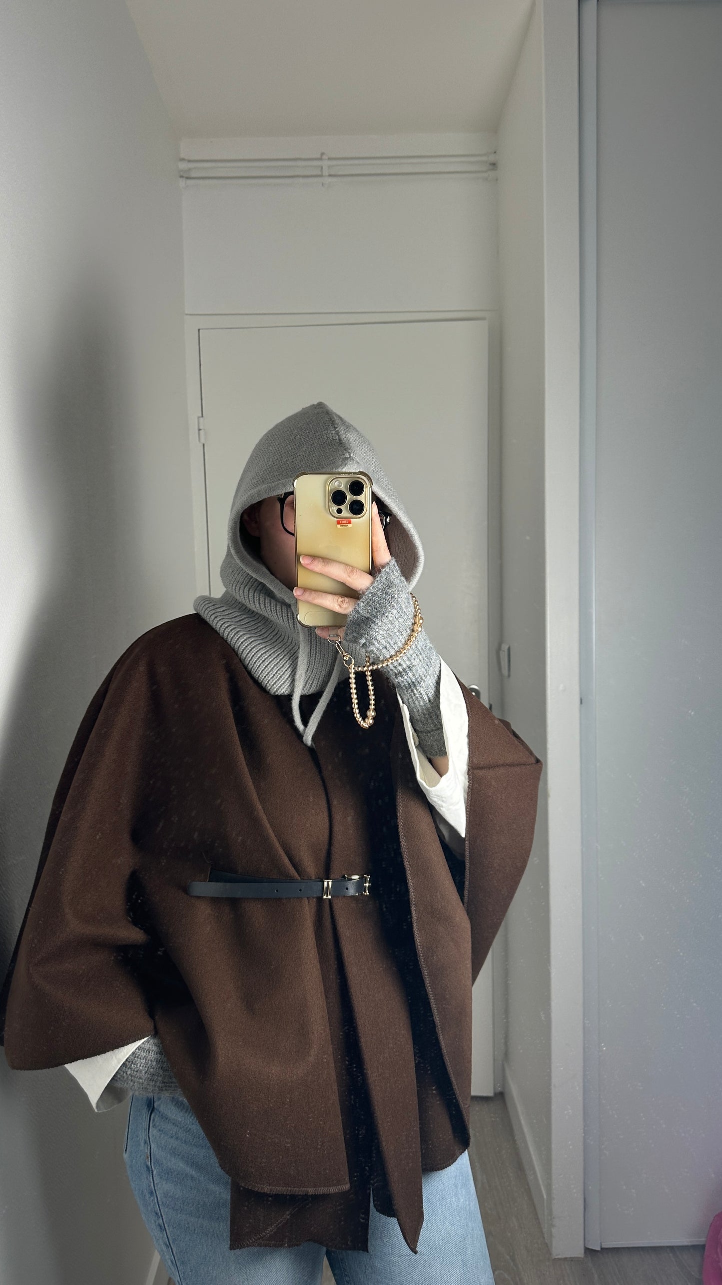 Cape poncho ceinturé Marron